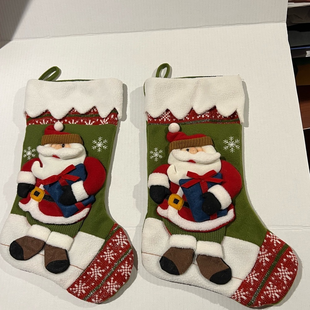 SOLD NOT AVAILABLE Pair of Felt Christmas Stockings 3D Santa Holding Present 16"